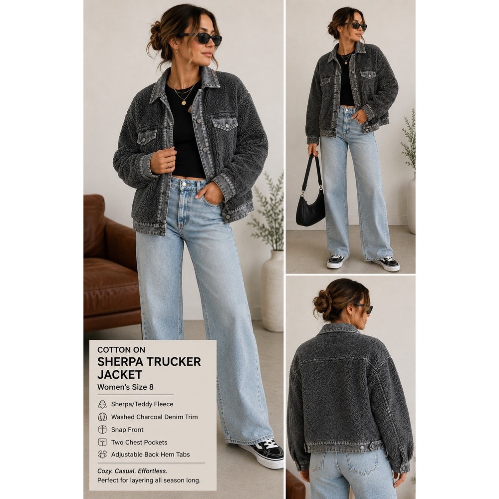 Cotton On Sherpa Trucker Jacket Women 8 Black Charcoal Fleece Denim Trim